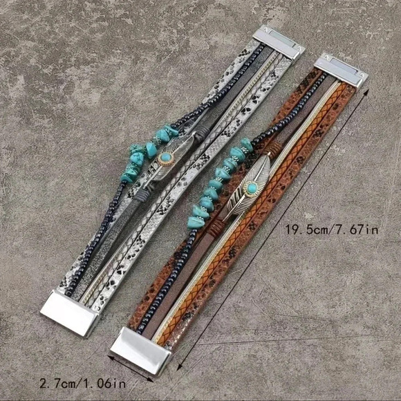 Bohemian Western Turquoise Faux Leather Layered Wrap Magnetic Bracelet - Picture 4 of 4